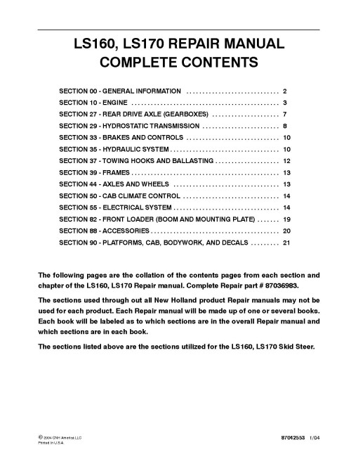 New Holland LS160 and LS170 Skid Steer Loaders Repair Manual (87036983) New Holland LS160 and LS170 Skid Steer Loaders Repair Manual (87036983)