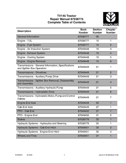 New Holland TV145 Tractors Repair Manual (87038775) New Holland TV145 Tractors Repair Manual (87038775)