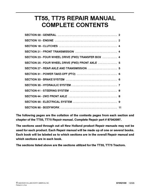 New Holland TT55 and TT75 Tractors Repair Manual (87042097) New Holland TT55 and TT75 Tractors Repair Manual (87042097)