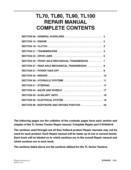New Holland TL100, TL70, TL80 and TL90 Tractors Repair Manual (87043516) New Holland TL100, TL70, TL80 and TL90 Tractors Repair Manual (87043516)
