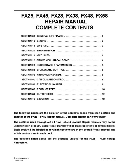 New Holland FX25, FX28, FX38, FX45, FX48 and FX58 Self-Propelled Forage Harvesters Repair Manual (87051240)