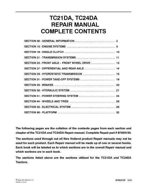 New Holland TC21DA and TC24DA Compact Tractors Repair Manual (87053135) New Holland TC21DA and TC24DA Compact Tractors Repair Manual (87053135)