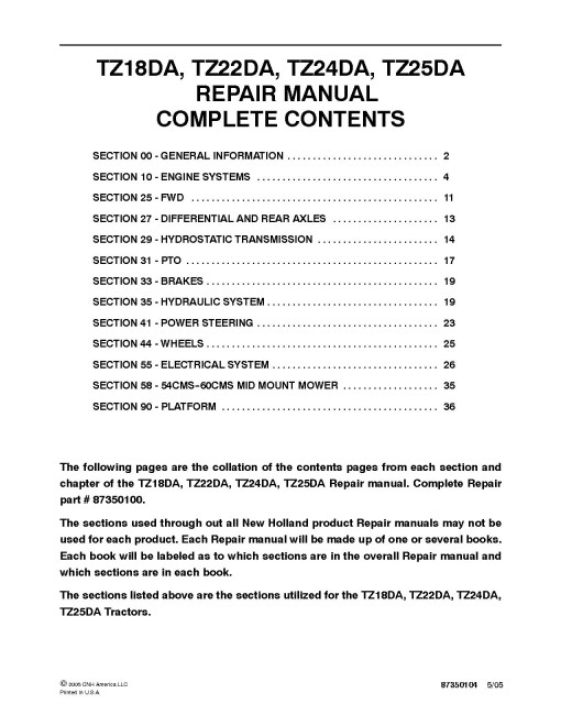 New Holland TZ18DA, TZ22DA, TZ24DA and TZ25DA Compact Tractors Repair Manual (87350100) New Holland TZ18DA, TZ22DA, TZ24DA and TZ25DA Compact Tractors Repair Manual (87350100)
