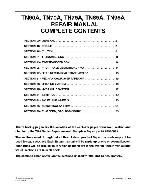 New Holland TN60A, TN70A, TN75A, TN85A and TN95A Tractors Repair Manual (87393899) New Holland TN60A, TN70A, TN75A, TN85A and TN95A Tractors Repair Manual (87393899)
