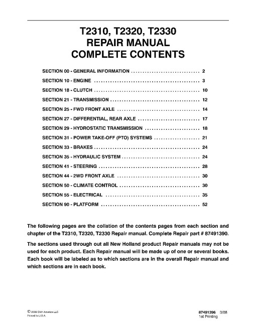 New Holland T2310, T2320 and T2330 Tractors Repair Manual (87491390) New Holland T2310, T2320 and T2330 Tractors Repair Manual (87491390)
