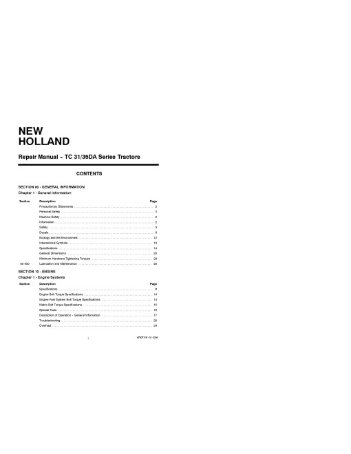 New Holland TC31DA and TC35DA Compact Tractors Repair Manual (87537118) New Holland TC31DA and TC35DA Compact Tractors Repair Manual (87537118)