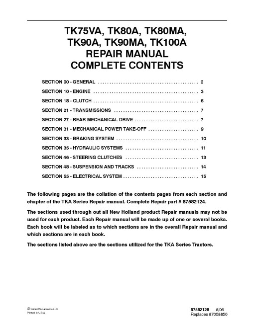 New Holland TK100A, TK75VA, TK80A, TK80MA, TK90A and TK90MA Crawler Tractors Repair Manual (87582124) New Holland TK100A, TK75VA, TK80A, TK80MA, TK90A and TK90MA Crawler Tractors Repair Manual (87582124)