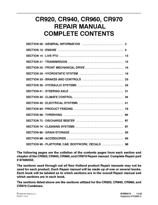 New Holland CR920, CR940, CR960 and CR970 Combines Repair Manual (87600552) New Holland CR920, CR940, CR960 and CR970 Combines Repair Manual (87600552)