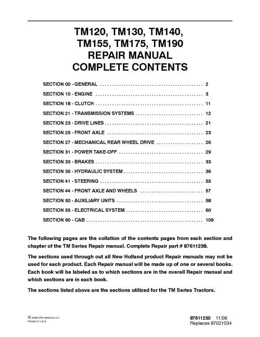 New Holland TM120, TM130, TM140, TM155, TM175 and TM190 Tractors Repair Manual (87611250) New Holland TM120, TM130, TM140, TM155, TM175 and TM190 Tractors Repair Manual (87611250)