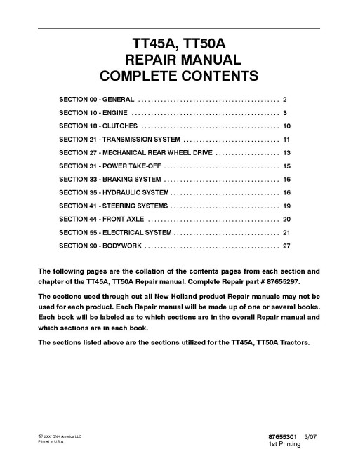 New Holland TT45A and TT50A Tractors Repair Manual (87655297) New Holland TT45A and TT50A Tractors Repair Manual (87655297)