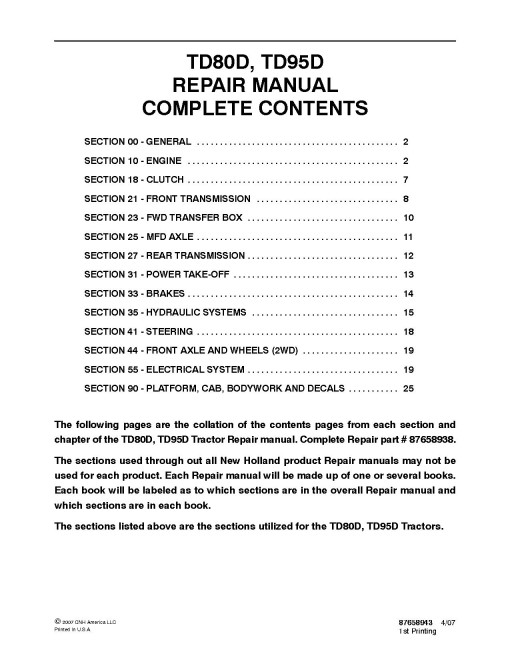 New Holland TD80D, TD95D Tractor Service Manual New Holland TD80D, TD95D Tractor Service Manual