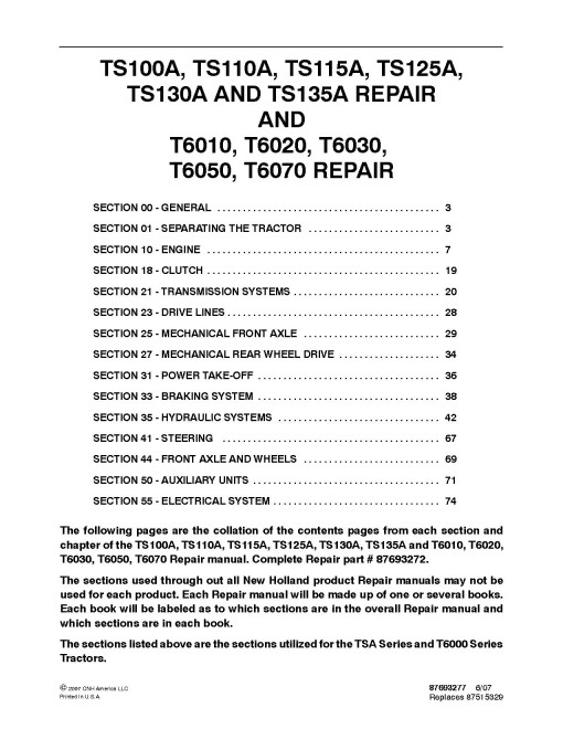 New Holland T6010, T6020, T6030, T6050, T6070, TS100A, TS110A, TS115A, TS125A, TS130A and TS135A Tractors Repair Manual (87693272) New Holland T6010, T6020, T6030, T6050, T6070, TS100A, TS110A, TS115A, TS125A, TS130A and TS135A Tractors Repair Manual (87693272)
