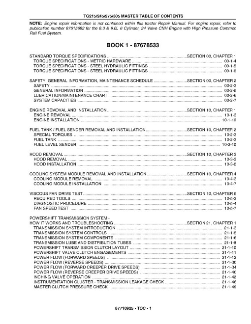 New Holland TG215, TG245, TG275 and TG305 Tractors Service Manual (87710923) New Holland TG215, TG245, TG275 and TG305 Tractors Service Manual (87710923)