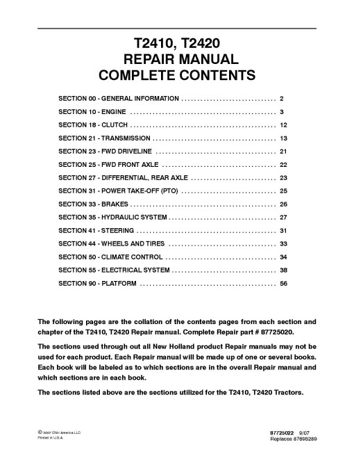 New Holland T2410 and T2420 Tractors Repair Manual (87725020) New Holland T2410 and T2420 Tractors Repair Manual (87725020)