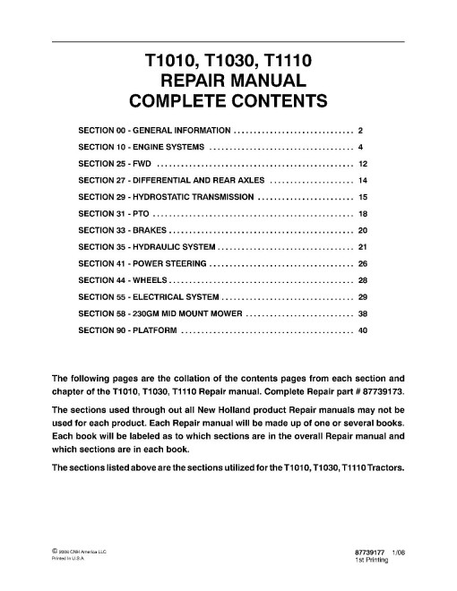 New Holland T1010, T1030 and T1110 Compact Tractors Repair Manual (87739173) New Holland T1010, T1030 and T1110 Compact Tractors Repair Manual (87739173)